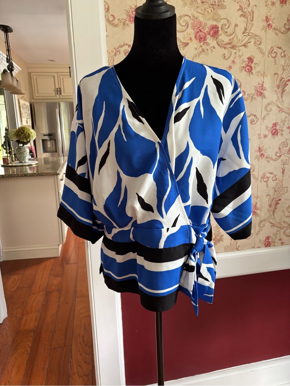 Nine West Blue, White & Black Wrap Blouse with Side Tie